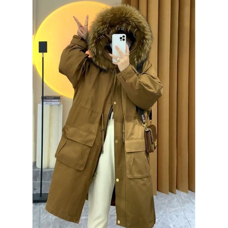 Art Caramel Raccoon Hair Collar Drawstring Pockets Womens Parka Winter