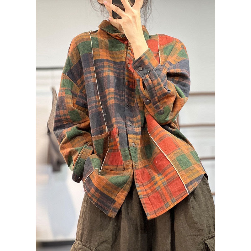 Art Khaki Peter Pan Collar Patchwork Plaid Fine Cotton Filled Shirts Winter