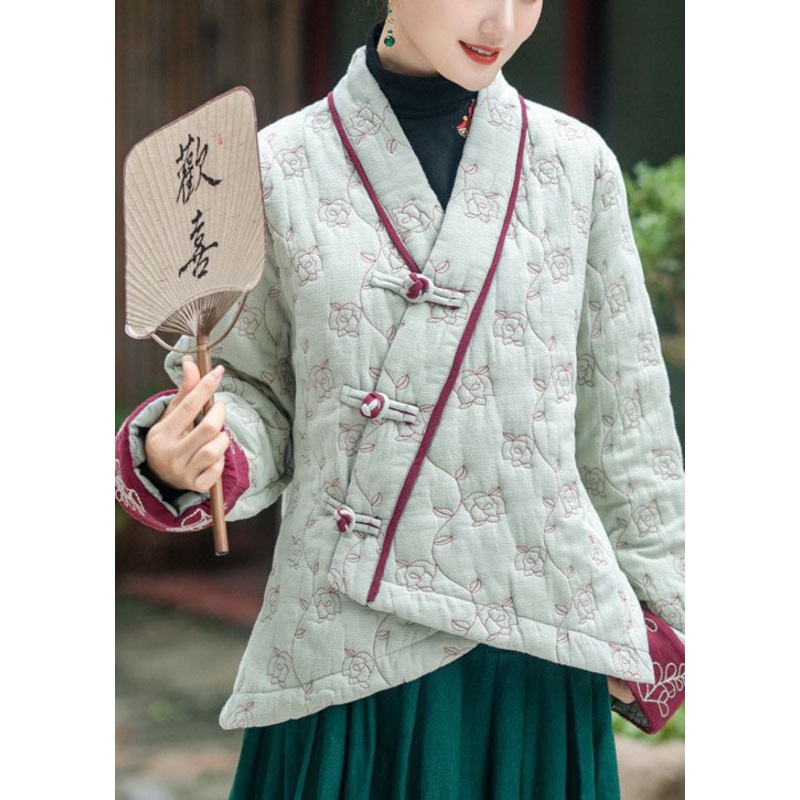 Art Light Green Embroidered Oriental Button Fine Cotton Filled Coats Winter