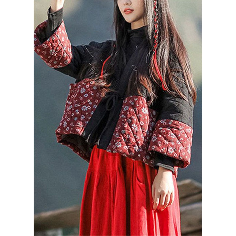 Black Patchwork Fine Cotton Filled Cardigan Lace Up Print Winter