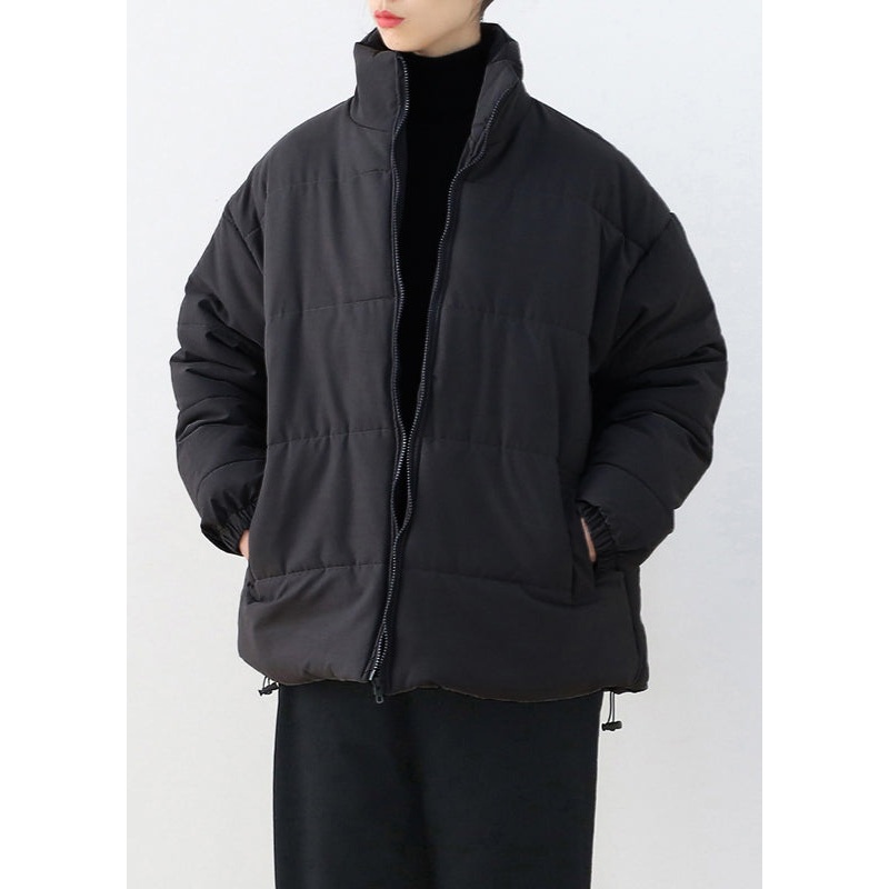 Black Stand Collar Drawstring Thick Parka Winter