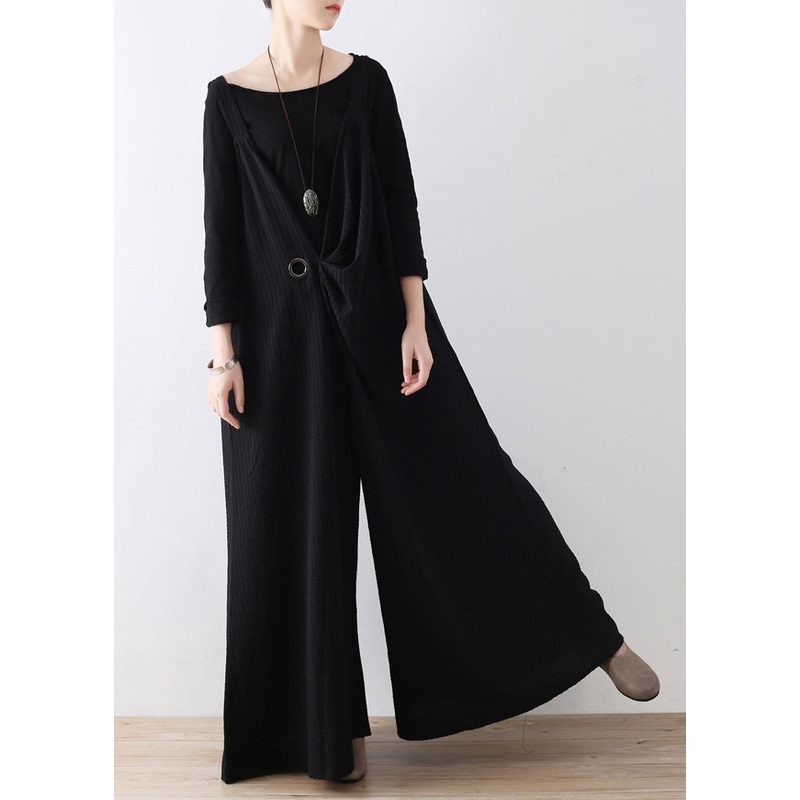 Black Striped Tie Waist Wide Leg Jumpsuits Fall