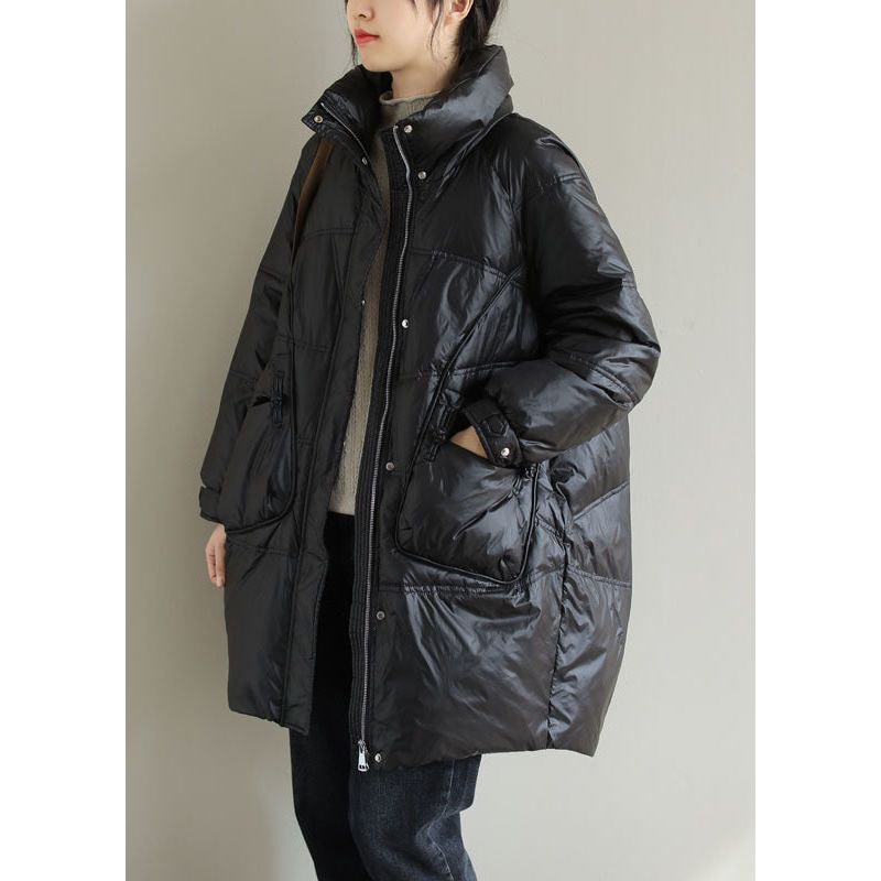 Black Thick Duck Down Down Coat Stand Collar Oversized Pockets Winter