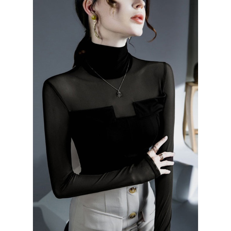 Black Turtleneck Patchwork Tulle Top Fall
