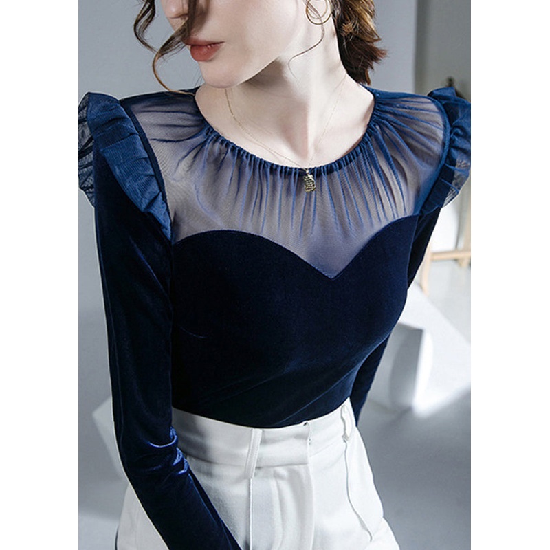 Blue O-Neck Patchwork Tulle Velour Tops Fall
