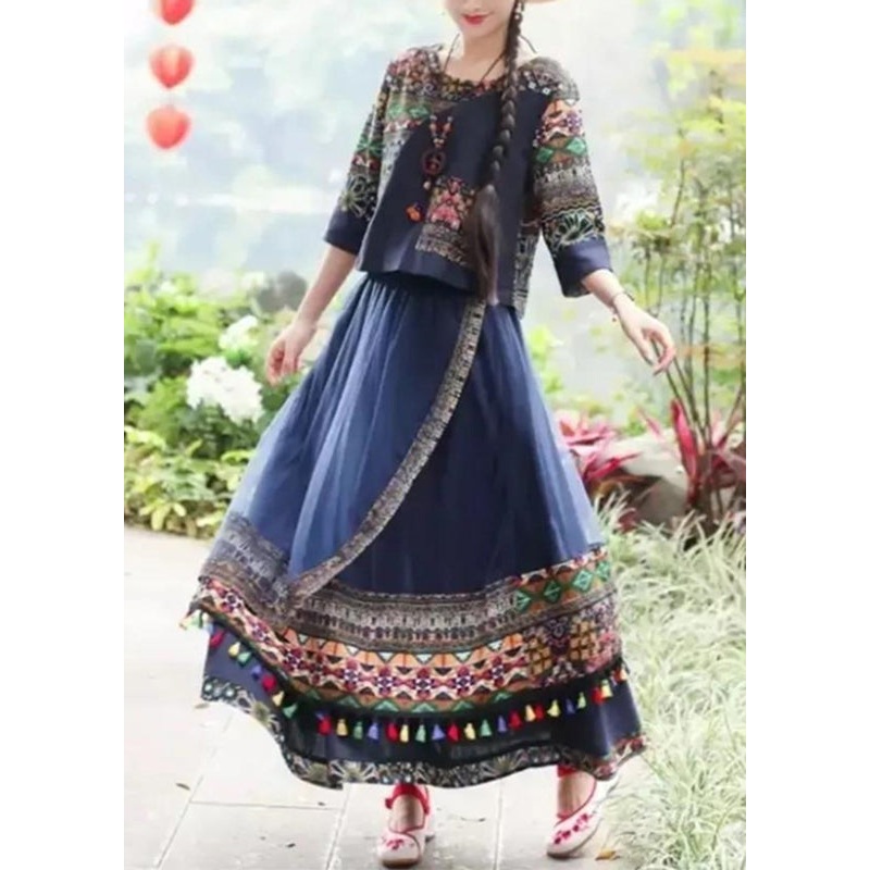 Blue O-Neck Print Top Ang Skirts Two Piece Set Fall