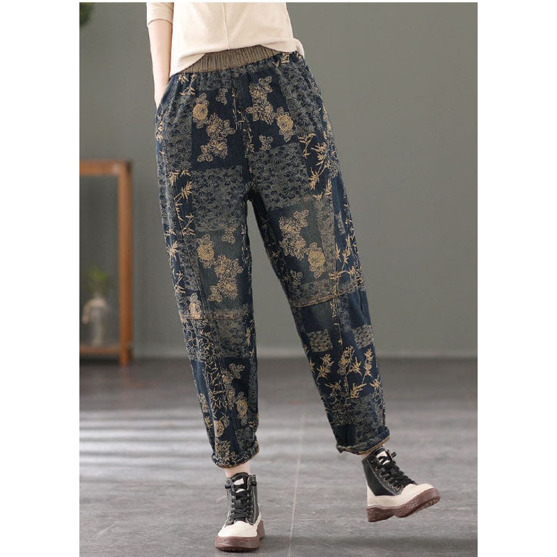 Blue Patchwork Warm Fleece Harem Pants Print Pockets Winter