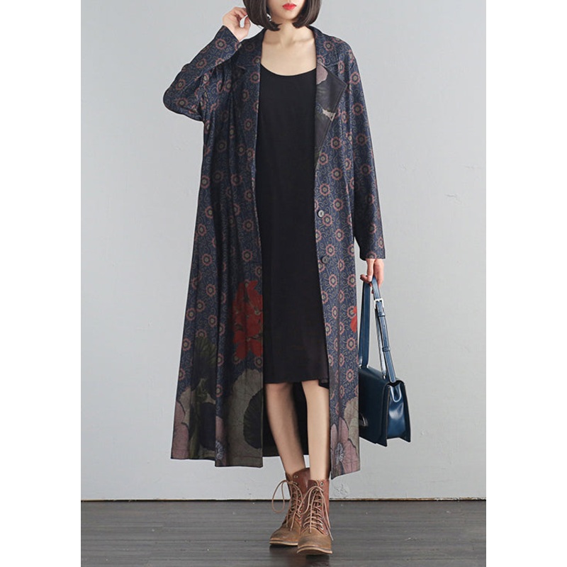 Blue V Neck Print Button Long Trench Coats Fall
