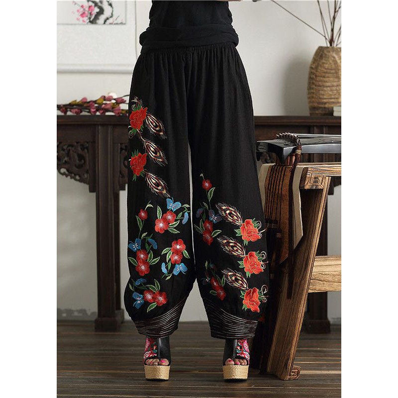Bohemian Black Embroideried Elastic Waist Pockets Cotton Lantern Pants Spring