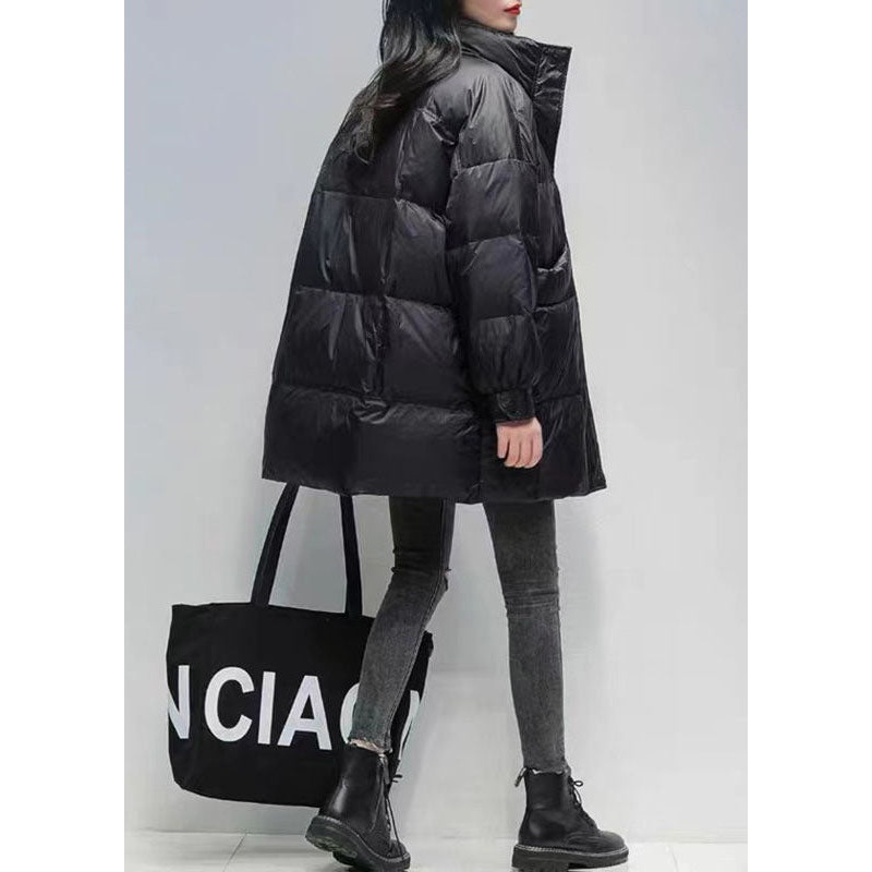 Bohemian Black Stand Collar Oversized Pockets Duck Down Puffers Jackets Winter