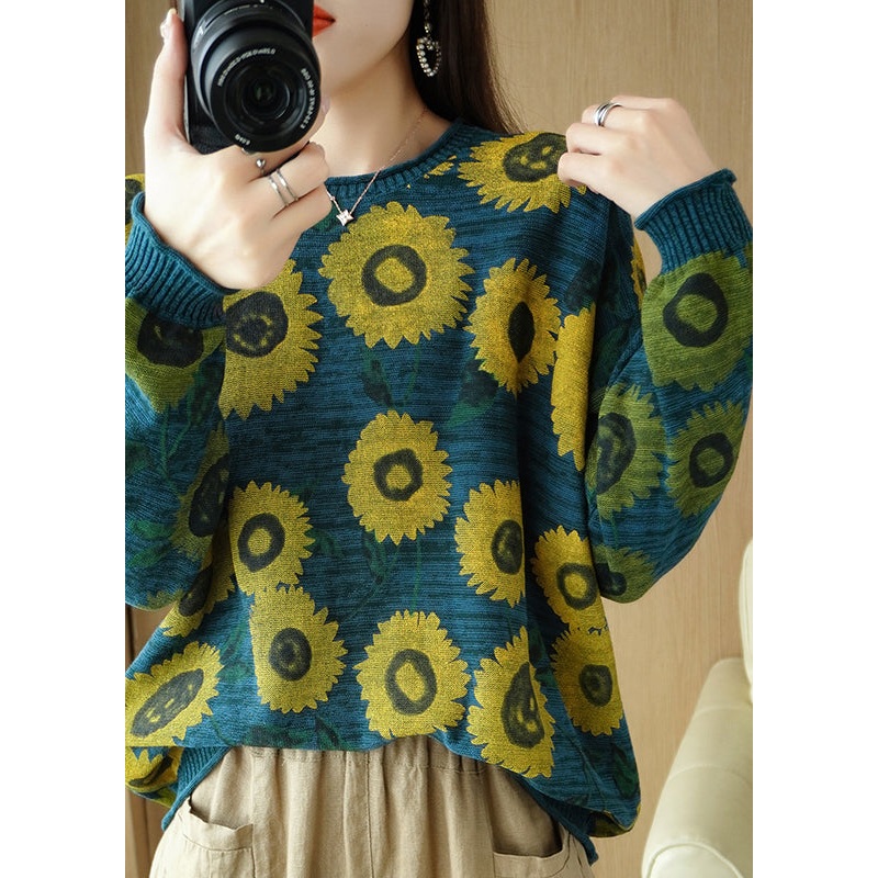 Bohemian Grey O-Neck Print Thick Knit Sweater Fall