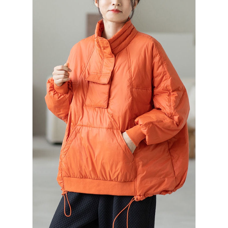 Bohemian Orange Hooded Drawstring Pockets Duck Down Down Pullover Sweatshirt Winter