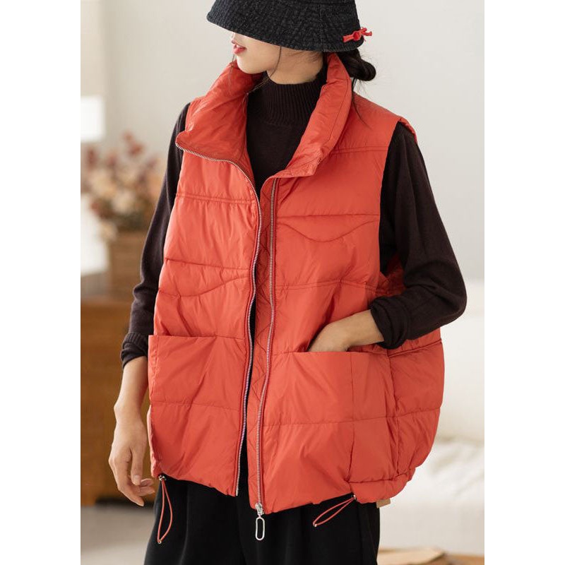 Bohemian Red Stand Collar Zip Up Pockets Drawstring Duck Down Vest Winter