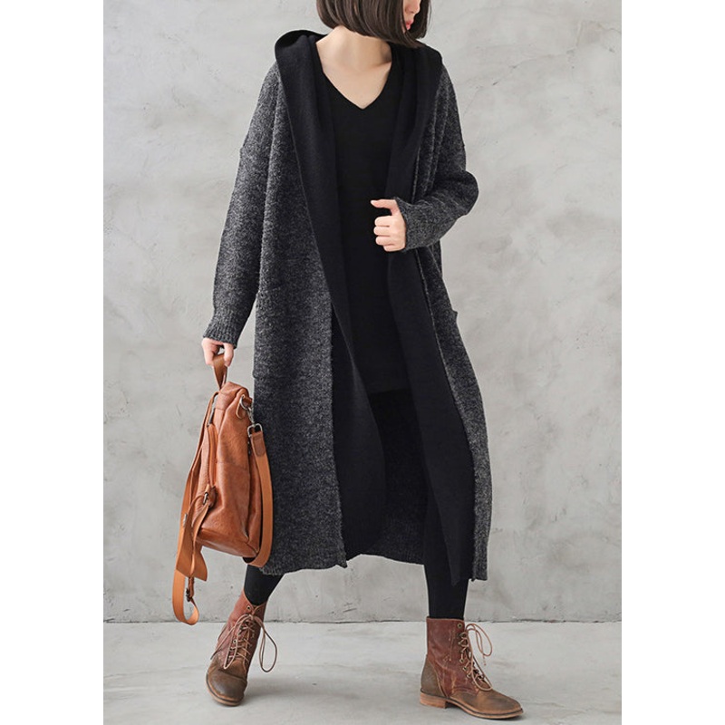 Boho Dark Grey Wool Patchwork Knit Hooded Maxi Trench Coats Fall