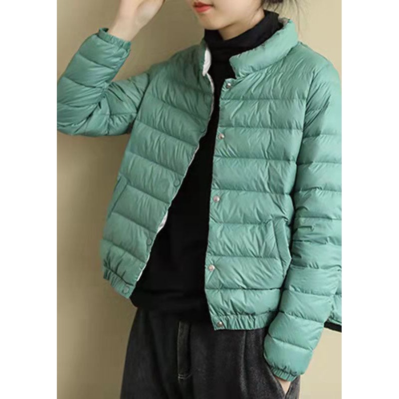 Boho Green Stand Collar Solid Color Fine Cotton Filled Jackets Winter