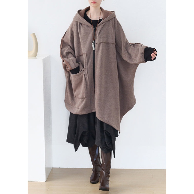 Boho Khaki Asymmetrical Patchwork Zippered Thick Cotton Hoded Coats Fall