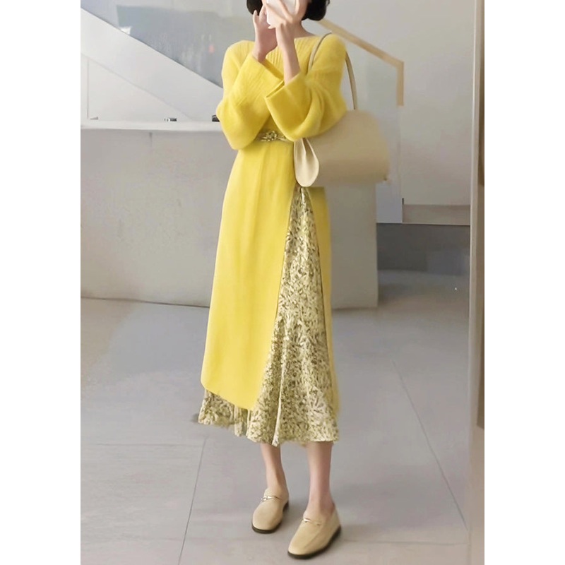Boho Yellow O-Neck Knit Sweaters Dresses And Skirts Two Piece Set Fall