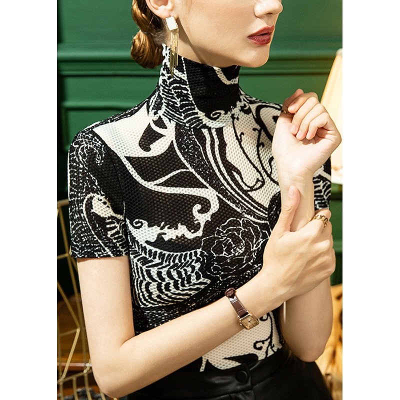 Boutique Black Turtleneck Print Lace Top Short Sleeve