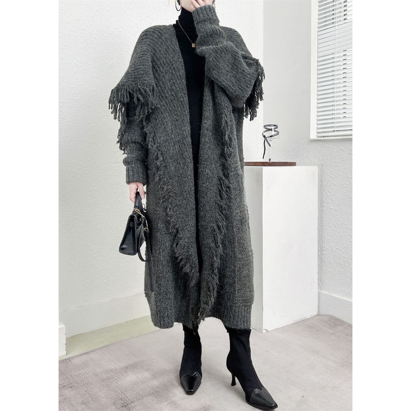 Boutique Grey Peter Pan Collar Oversized Tassel Knit Cardigan Winter