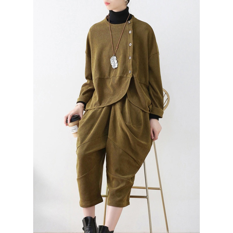 Boutique Mustard Green O-Neck Velour Top And Crop Pants Two Pieces Set Fall