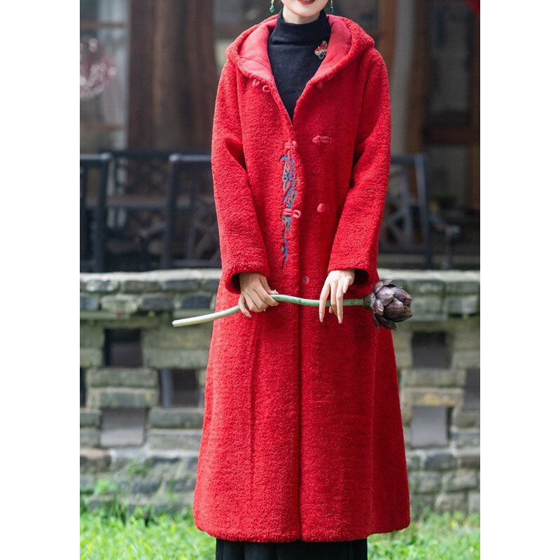 Boutique Red Hooded Embroideried Thick Teddy Faux Fur Lengthen Coats Winter