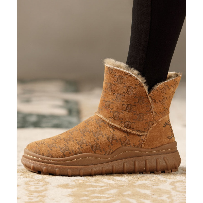 Brown Boots Thick Warm Fleece Cowhide Leather Elegant Ankle Boots