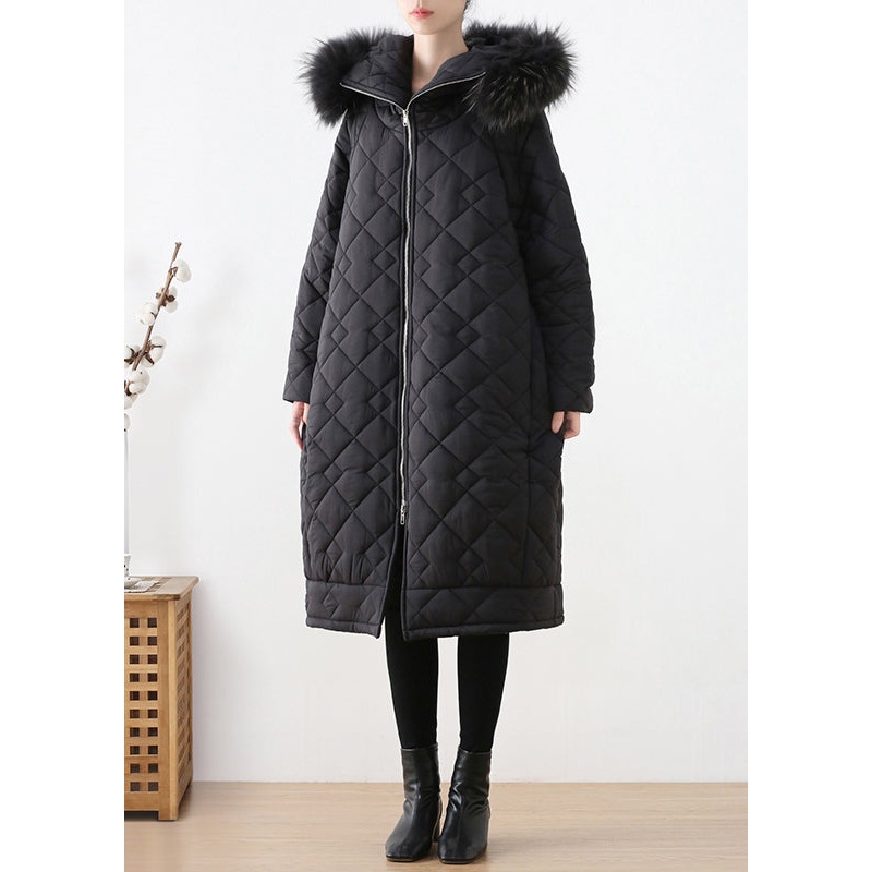Casual Black Fur Collar Zippered Thick Hooded Parka Winter