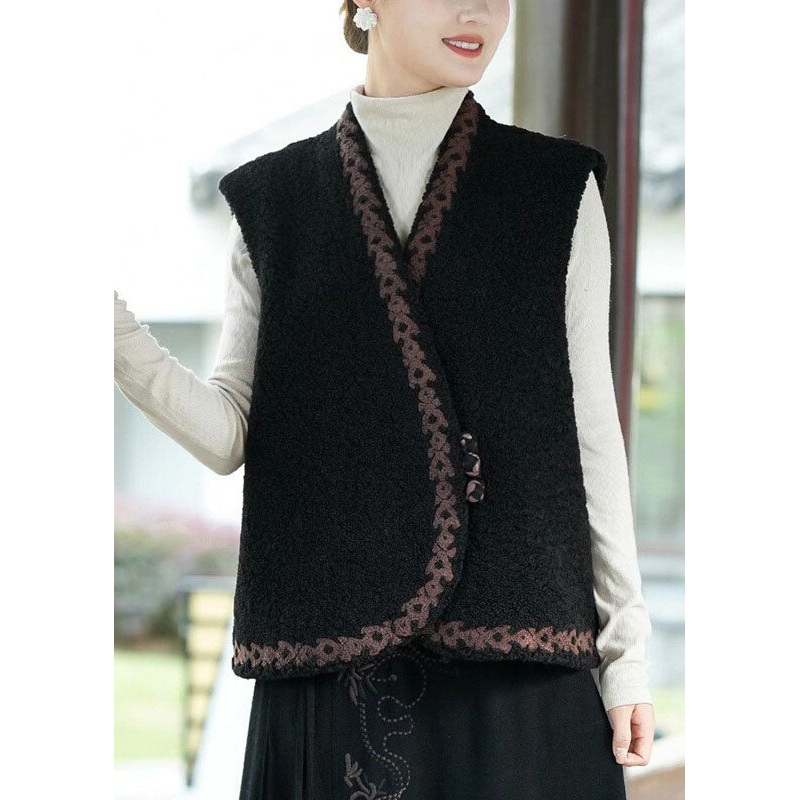 Casual Black V Neck Thick Teddy Faux Fur Vest Tops Winter