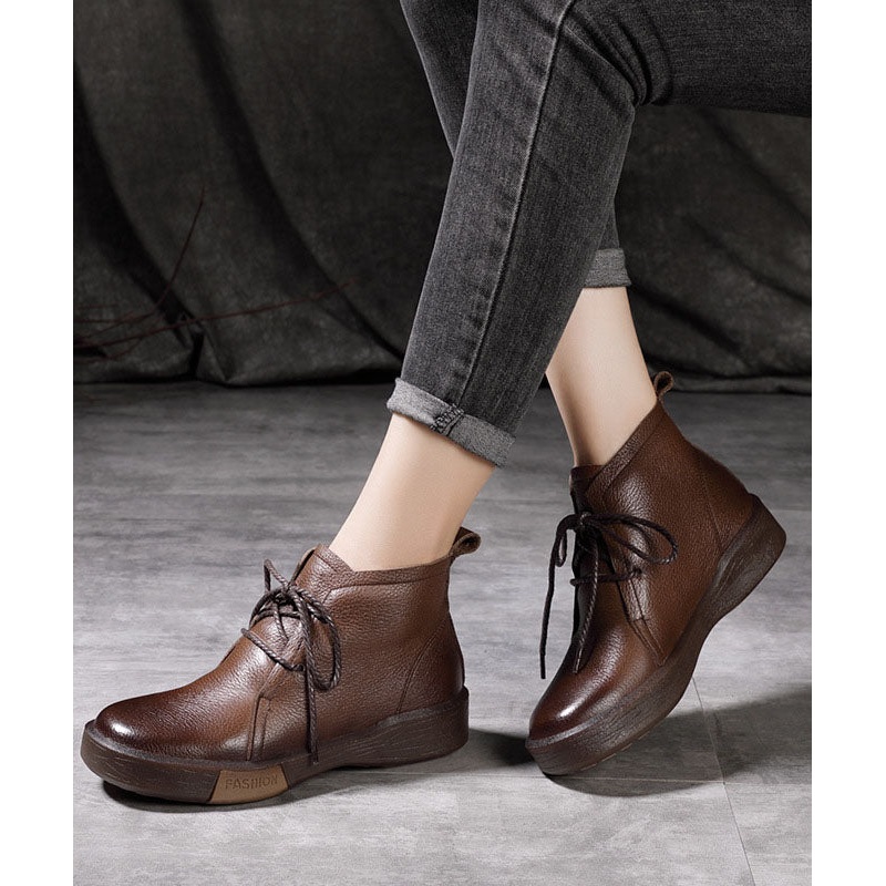 Casual Coffee Cowhide Leather Warm Fleece Boots Lace Up Shelsea Boots