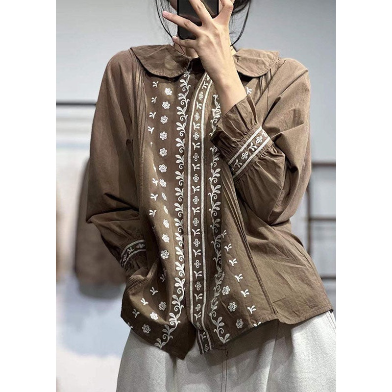 Casual Coffee Peter Pan Collar Embroideried Wrinkled Cotton Shirt Fall