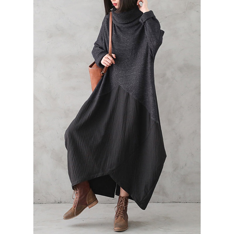 Casual Dark Gray Turtleneck Button Linen Patchwork Knit Long Dress Fall