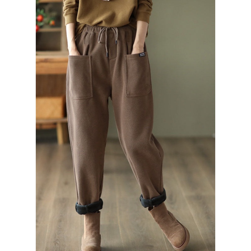 Casual Khaki Elastic Waist Drawstring Pockets Warm Fleece Pants Winter