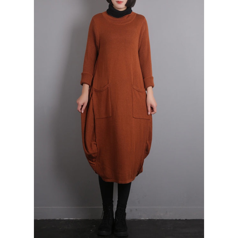 Casual Orange O-Neck Knit Cotton Thread Sweater Dress Fall