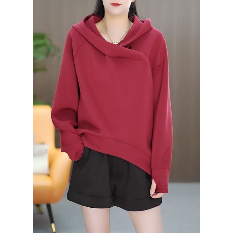 Casual Red Hooded Asymmetrical Solid Cotton Pullover Sweatshirt Winter