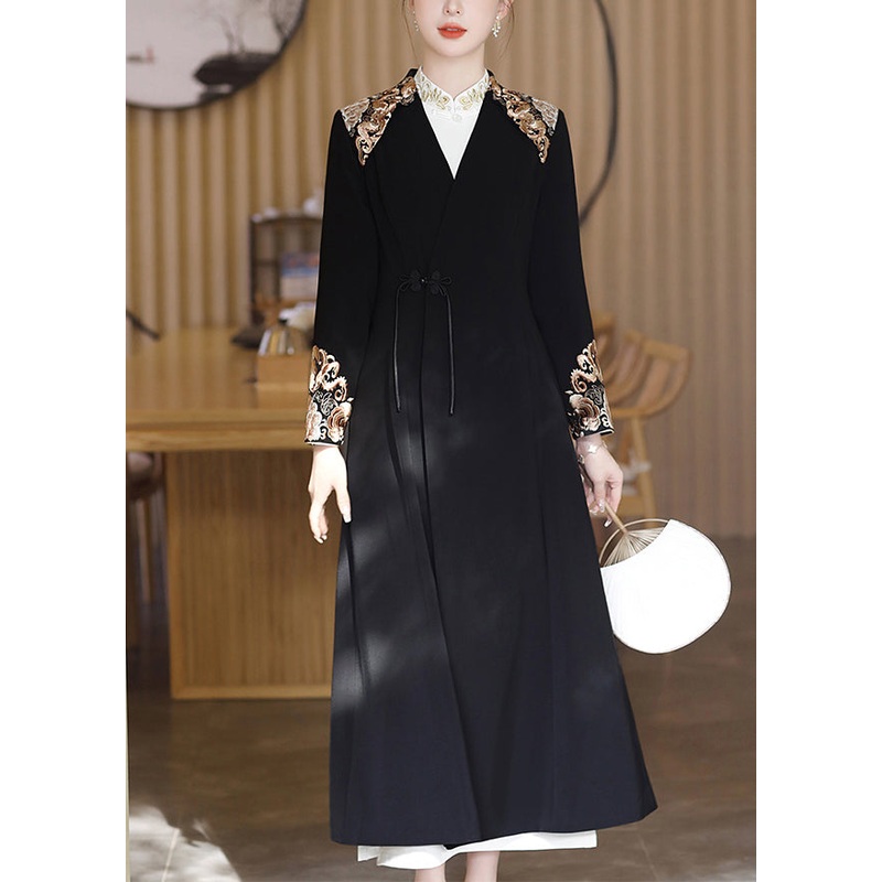 Chic Black V Neck Embroideried Button Satin Trench Coats Fall