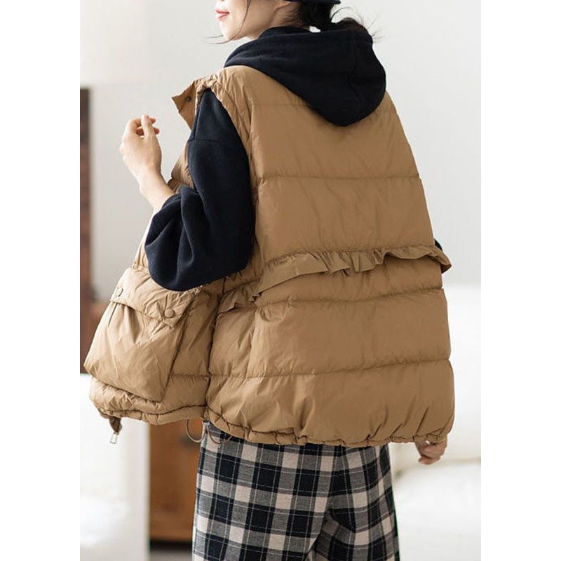 Chic Khaki Zip Up Ruffled Drawstring Duck Down Puffer Vest Winter