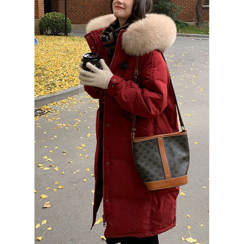 Classy Red Hooded Fur Collar Thick Duck Down Jacket In Winter