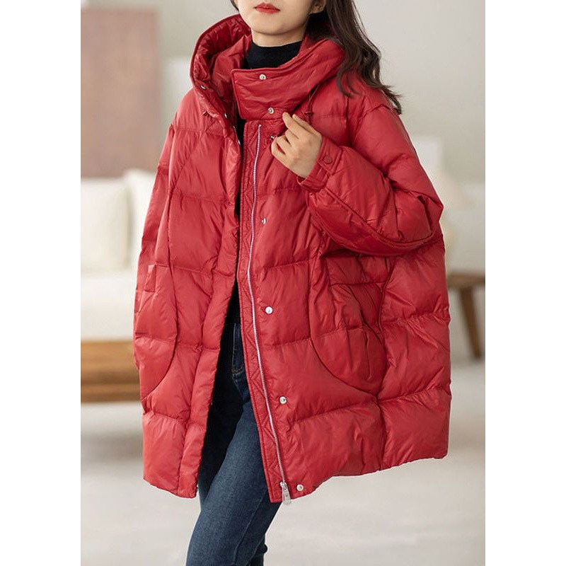 Classy Red Hooded Oversized Drawstring Duck Down Down Coat Winter