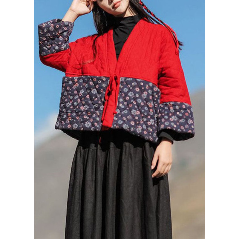 Classy Red V Neck Patchwork Print Fine Cotton Filled Loose Cardigan Winter
