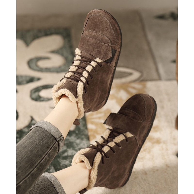 Coffee Boots Cowhide Leather Fuzzy Wool Lined Handmade Cross Strap Boots