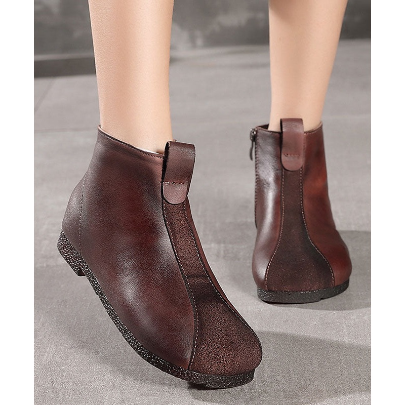 Coffee Boots Cowhide Leather Zippered Fitted Splicing Boots