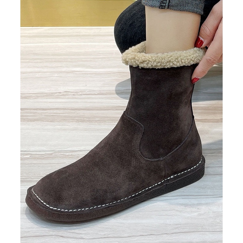 Coffee Fuzzy Wool Lined Boots Cowhide Leather Fashion Zippered Boots