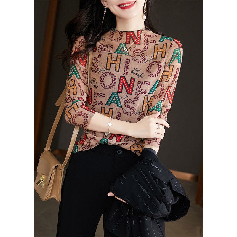 Coffee O-Neck Print Top Long Sleeve