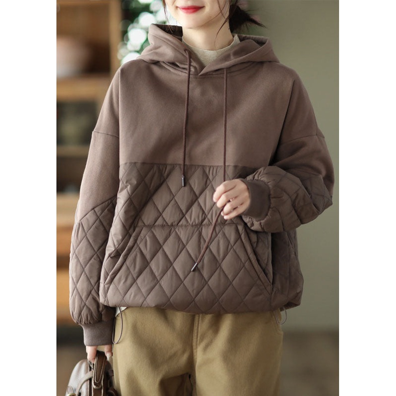 Coffee Patchwork Fine Cotton Filled Pullover Sweatshirt Drawstring Winter