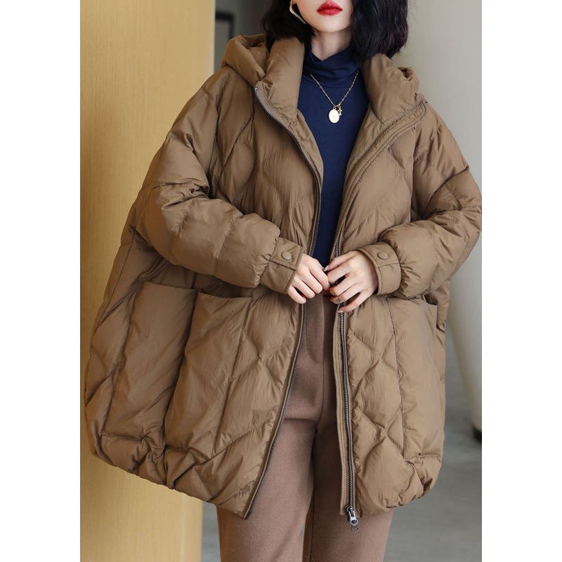 Coffee Thick Duck Down Puffer Jacket Hooded Pockets Winter
