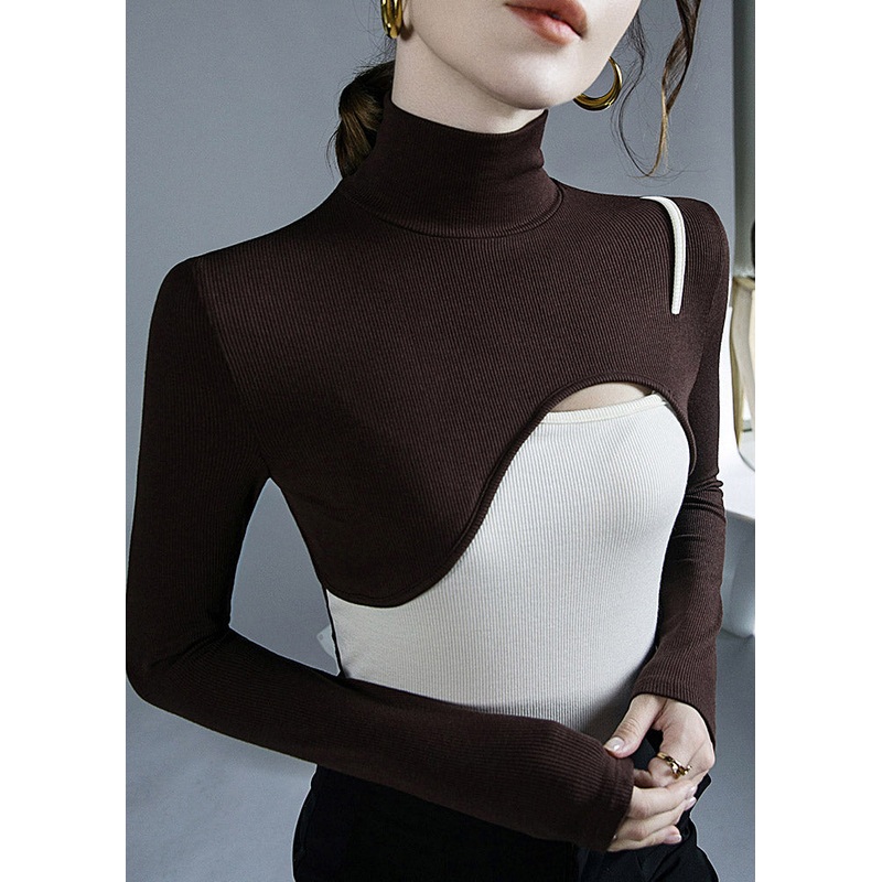 Coffee Turtleneck Asymmetrical Top Long Sleeve