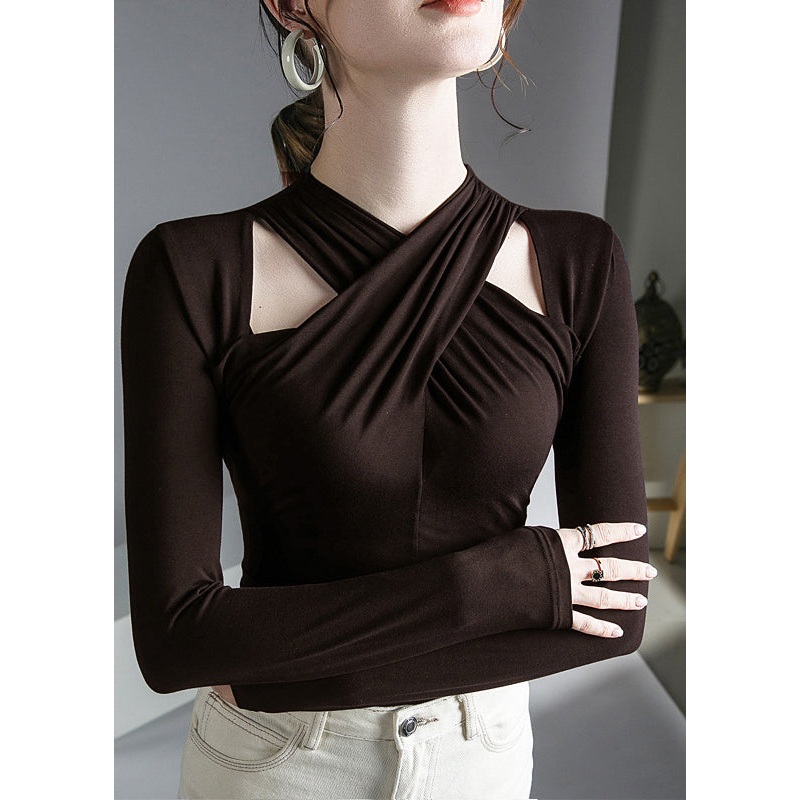Coffee Turtleneck Solid Velour Tops Long Sleeve