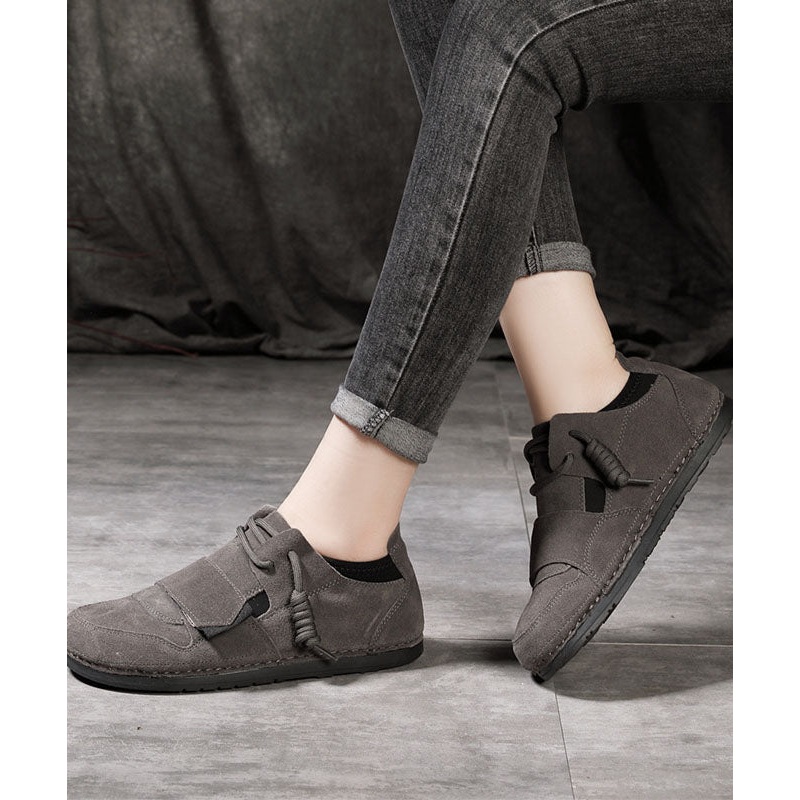 Comfy Flat Shoes For Women Grey Cowhide Leather