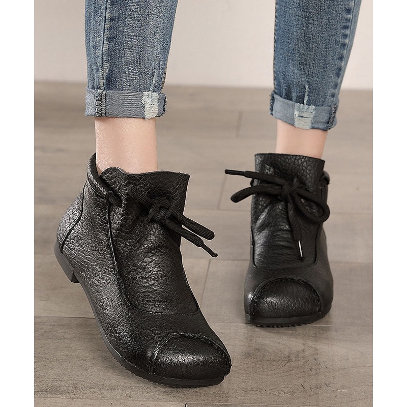 Comfy Lace Up Boots Black Warm Fleece Lined Cowhide Leather Shelsea