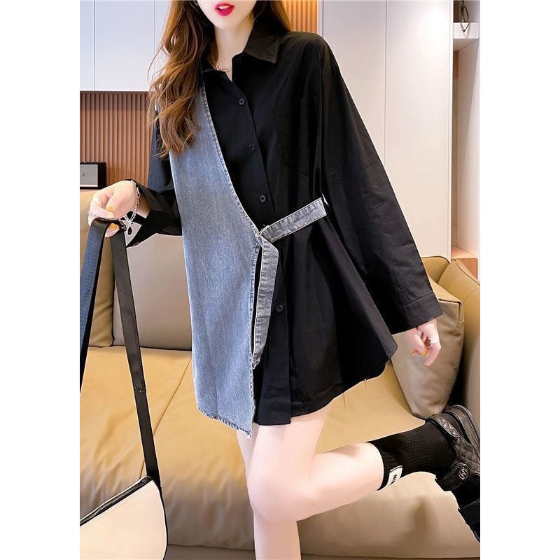 DIY Black Peter Pan Collar Denim Patchwork Cotton Fake Two Piece Shirts Fall